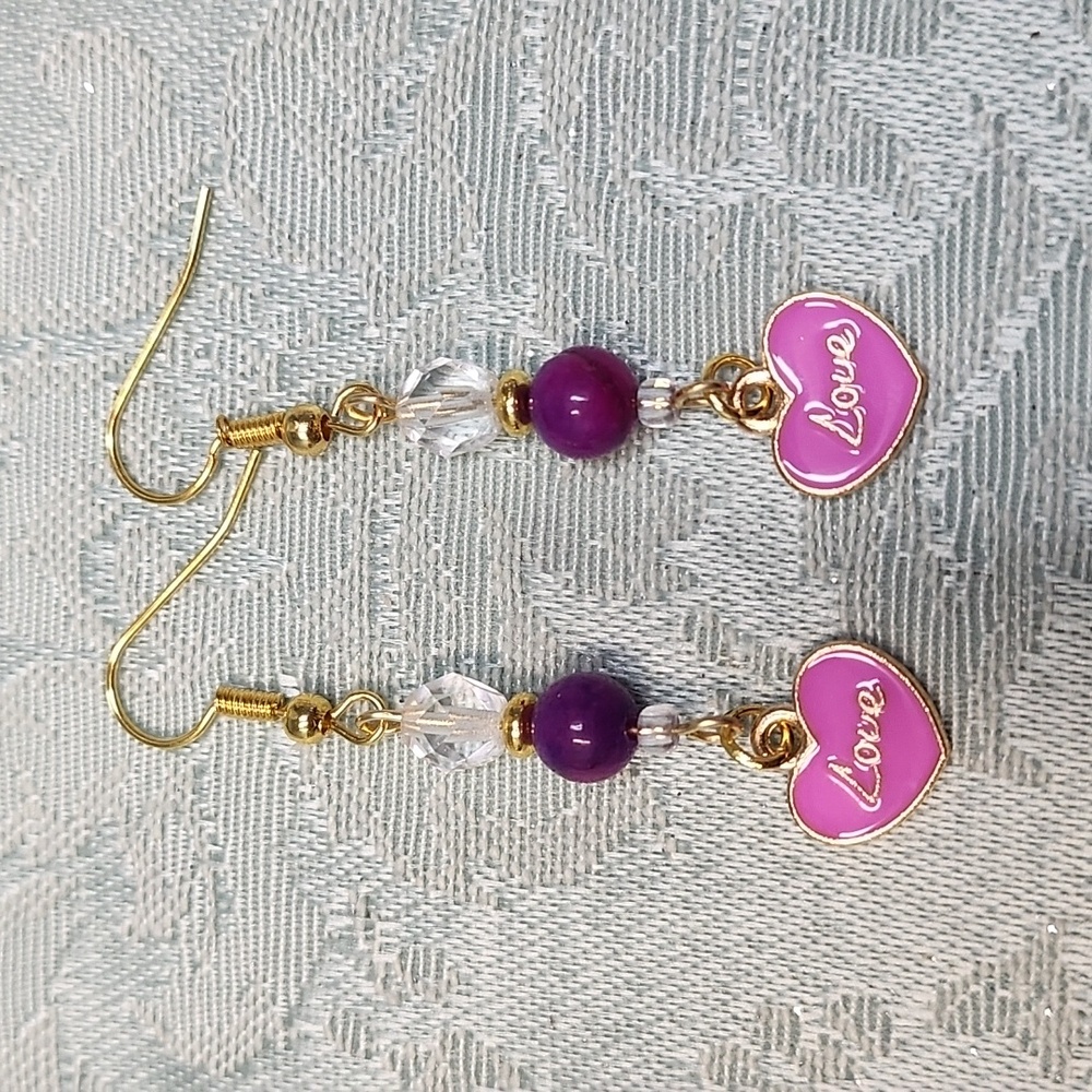 Purple & Pink Love Heart Drop Earrings!